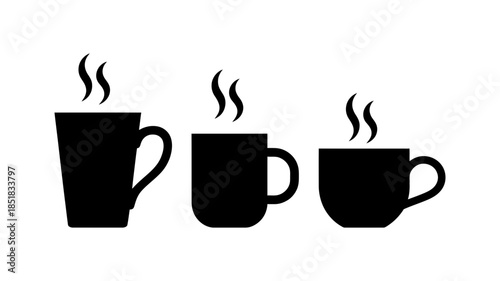 Hot beverage mugs in various sizes, simple black silhouette vector illustration