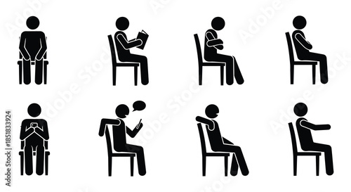 Diverse postures of people seated on chairs depicted as simple black silhouettes