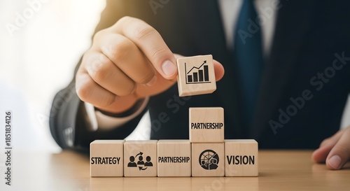 Businessman building success strategy with wooden blocks