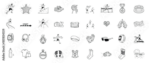 Running doodle icon set. Sport, runner, marathon, race, fitness, training, health, endurance, speed, exercise outline vector illustration