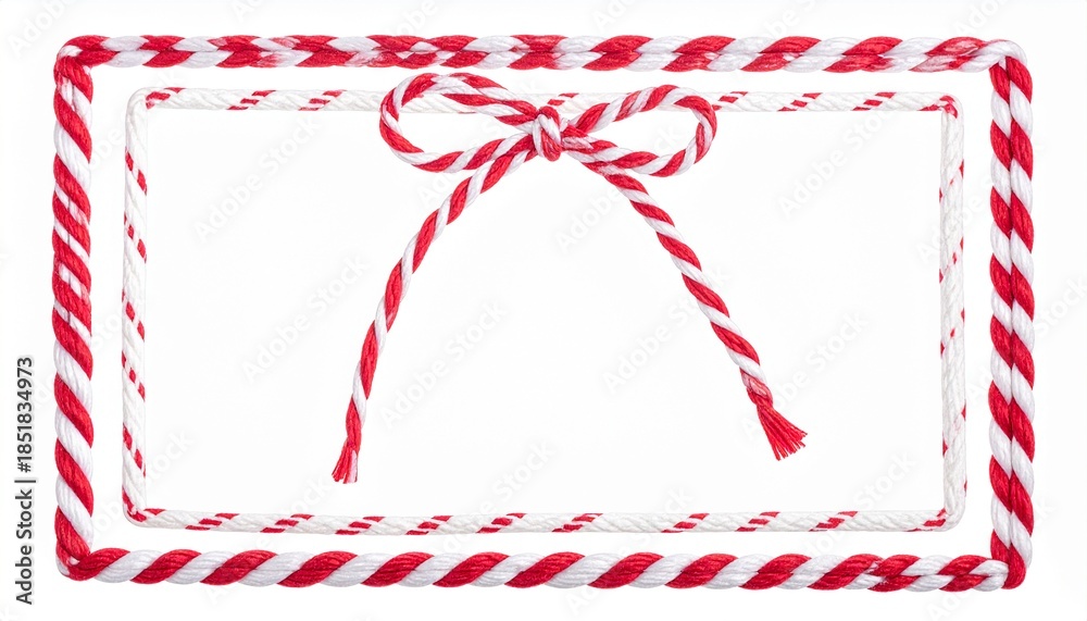 Fototapeta premium Marco rectangular navideño hecho de cuerda trenzada roja y blanca, con lazo rojo superior, aislado sobre fondo blanco.