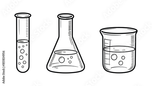 Laboratory glassware with liquids and bubbles