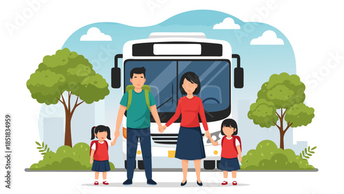 A Happy Family of Four Holding Hands in Front of a Tour Bus Ready for an Exciting Vacation Adventure