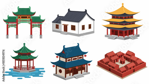 Collection of Traditional Chinese Architectural Buildings and Structures Featuring Pagodas, Gates, and Temples in a Stylized Illustration