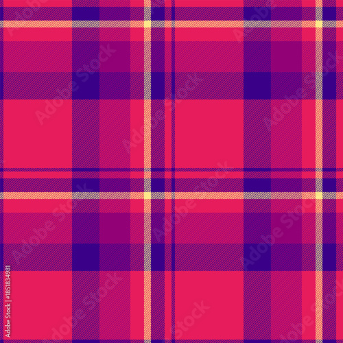 Quilted vector tartan fabric, frame pattern background check. Basic seamless texture plaid textile in red and violet colors.
