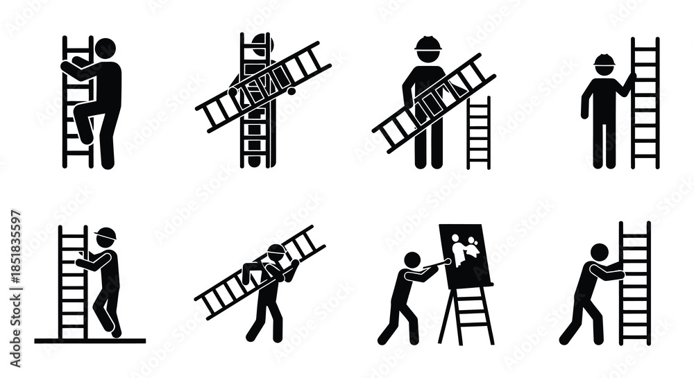 Fototapeta premium Construction workers depicted using ladders in various positions and scenarios