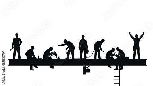 Workers on construction site in various work poses