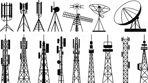 Various communication towers and satellite dishes in black silhouette