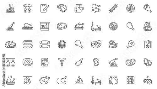 Line Style Meat Icon Set Featuring Various Meat Products such as Steak, Chicken, Ham, Sausage, Bacon, and Other Food Elements. Clean, Modern Outline Icons Perfect for Food Line Icon