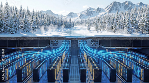3D Cross-Section Render of Underground Data Center in Snowy Mountains Using Natural Air Cooling System
