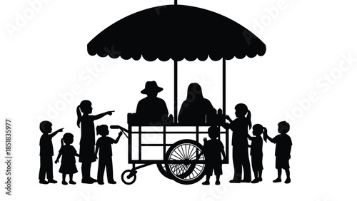 Children gather around a food cart with adults