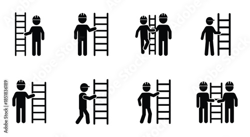 Construction workers depicted using ladders in various positions and scenarios