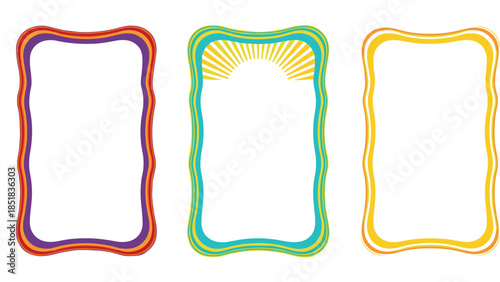 Set of three retro wavy borders featuring vintage sunburst and colorful striped frames in purple teal and orange for flyer and stationery design