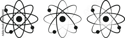atom icon set. Atomic structure symbols. Nuclear energy graphic design. Laboratory research and education signs
