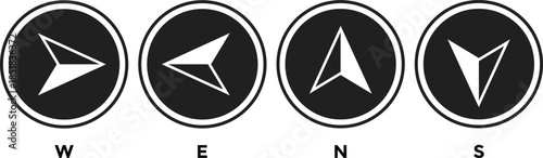 Compass icon set. West, north, east, south arrow. Navigation arrow graphic design. Directional pointer symbols. Map and wayfinding design elements
