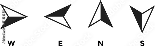 Compass icon set. West, north, east, south arrow. Navigation arrow graphic design. Directional pointer symbols. Map and wayfinding design elements
