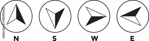 Compass icon set. West, north, east, south arrow. Navigation arrow graphic design. Directional pointer symbols. Map and wayfinding design elements
