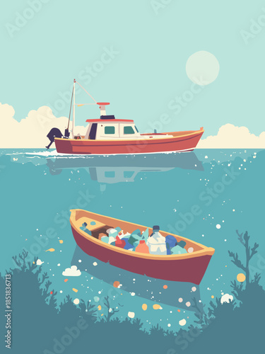 Ocean cleanup concept: A stylized boat collecting plastic waste from the water. Flat vector design, clear environmental message