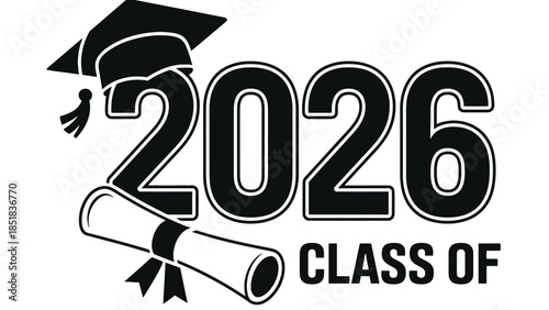 Graduation class of 2026 logo with cap and diploma