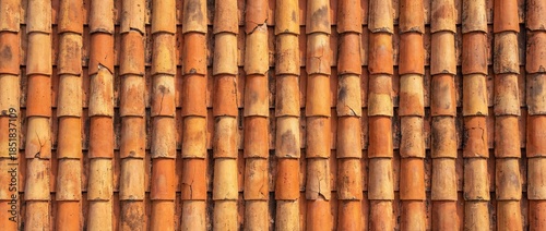 old orange clay roof tiles overlapping with detailed texture and subtle color variations