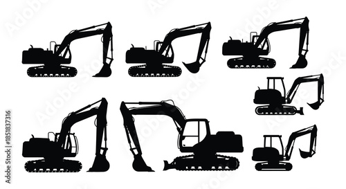 Silhouettes of construction excavators in varied positions a monochrome depiction