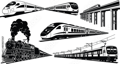 WebTrain silhouette illustration, high-speed commuter steam electric trains, railway transport vector, black icon, infrastructure design, locomotive graphic, transit symbol