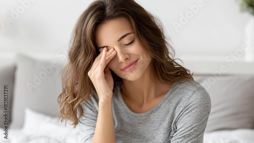 A young woman with brown, wavy hair sits on a bed, rubbing her eye with her hand, expressing discomfort or sleepiness.