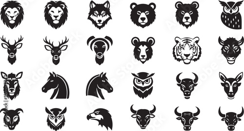 Black and white animal head icons set