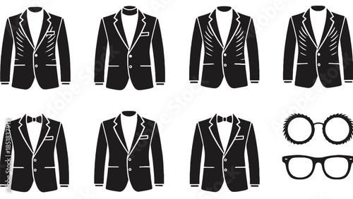 Elegant black tuxedos and stylish glasses illustrations