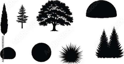 Tree silhouette icon, shrub vector graphic, landscape plant design, cad drawing flat vector illustration, black white foliage shape set