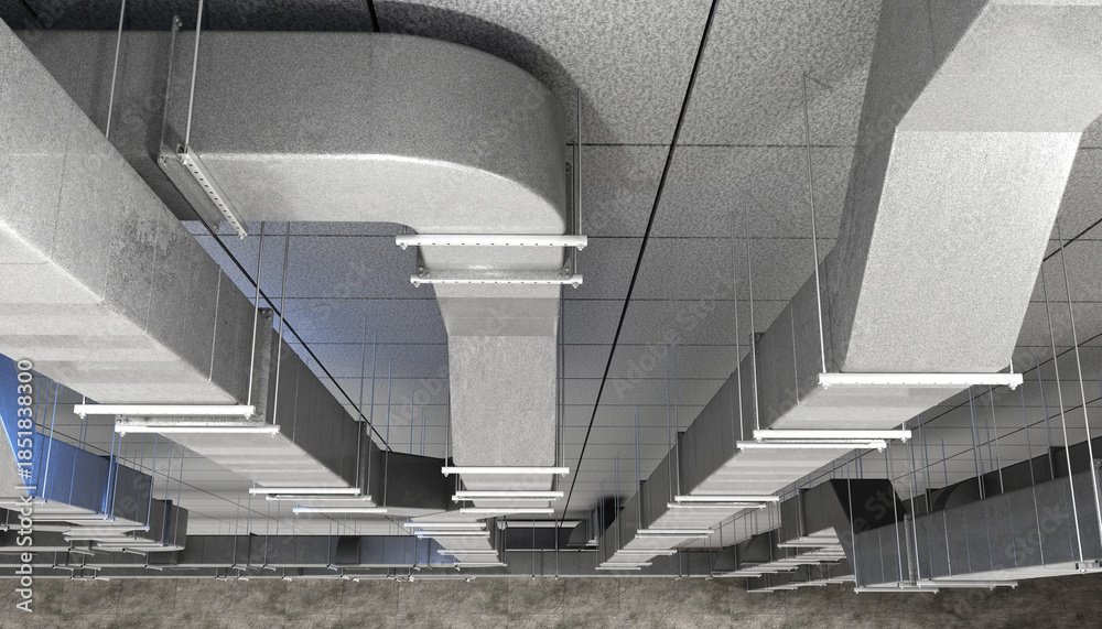 Fototapeta premium HVAC engineering installs ceiling air duct systems for climate control. Ventilation design, air distribution, building services engineering and commercial facility infrastructure.