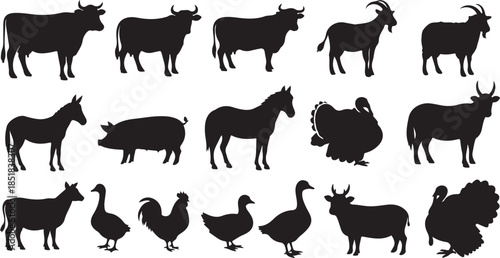 Collection of farm animal silhouettes vector set