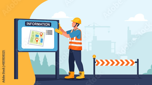 Construction worker updating information board at site.