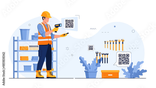 Construction worker scanning QR codes with scanner.