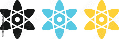 atom icon set. Atomic structure symbols. Nuclear energy graphic design. Laboratory research and education signs
