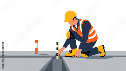 Construction worker checking level with measuring tool.