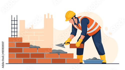 Construction worker building a brick wall with tools.