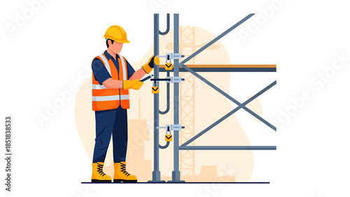 Construction worker assembling scaffolding on a building site.