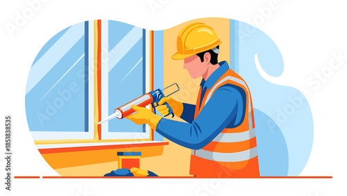 Construction worker applying sealant to window frame.