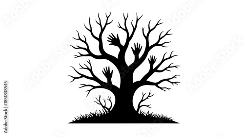 Bare tree with raised hands in black silhouette on white background
