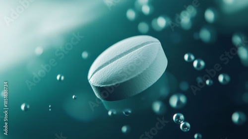 Effervescent White Round Pill Dissolving Rapidly in Clear Liquid Macro Shot