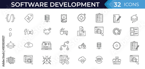 Software outline icon set. Development, coding, programming, database, cloud, security, testing, workflow, system, technology outline vector illustration