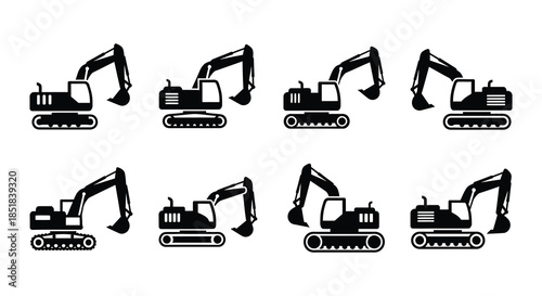Black and white silhouettes of various construction excavators and digging machines