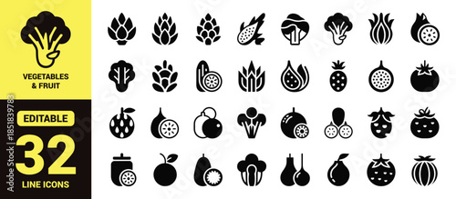 A collection of various fruits and vegetables represented as simple linear black and white outline icons