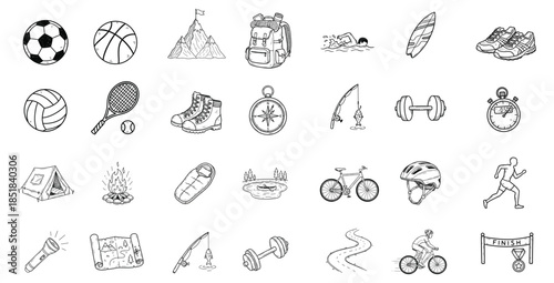Sports doodle icon set. Outdoor, activity, fitness, training, hiking, camping, cycling, running, swimming, adventure hand drawn vector illustration