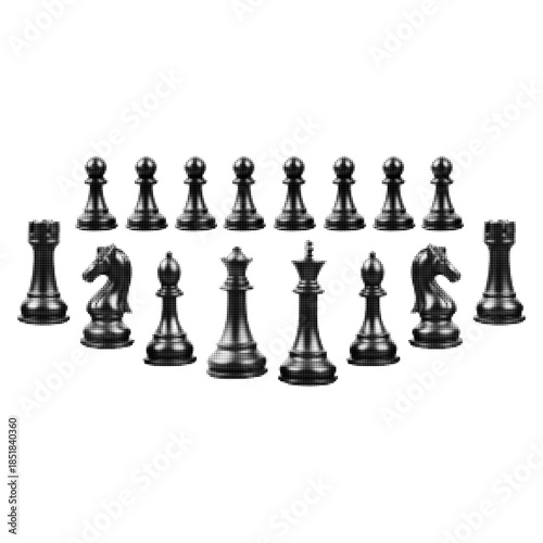 Black and white halftone illustration of a complete chess set with pawns and pieces isolated on white background. Strategy, leadership and competition concept in vintage print style.