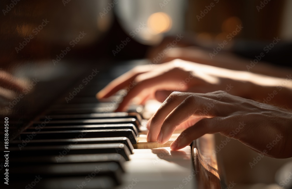 Fototapeta premium Hands playing piano keys in warm sunlight close up