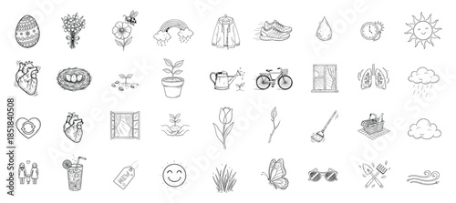 Spring doodle icon set. Season, nature, flower, plant, rain, sun, growth, gardening, lifestyle, outdoor hand drawn vector illustration