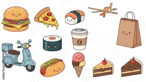 Cute food and drink items with smiling faces on white background