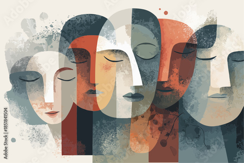 Abstract vector illustration of overlapping human faces symbolizing unity, emotions and collective identity. Modern artistic style for mental health, psychology, diversity and social themes